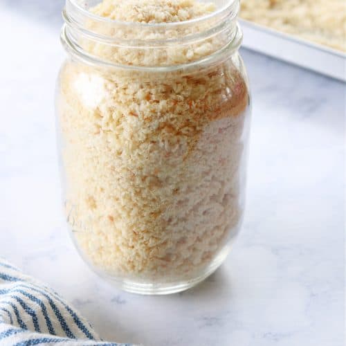 Bread crumbs in a glass jar.