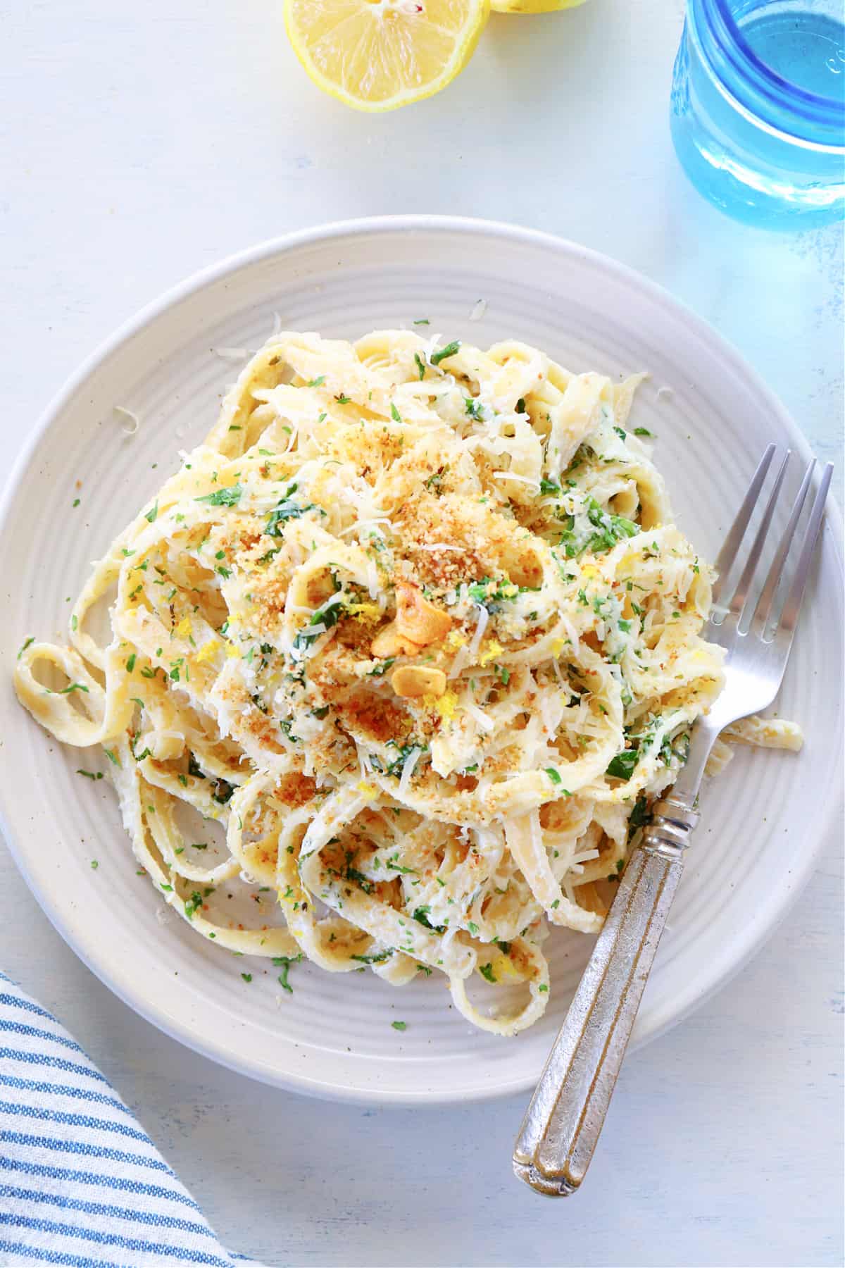 Ricotta pasta on a plate with fork.