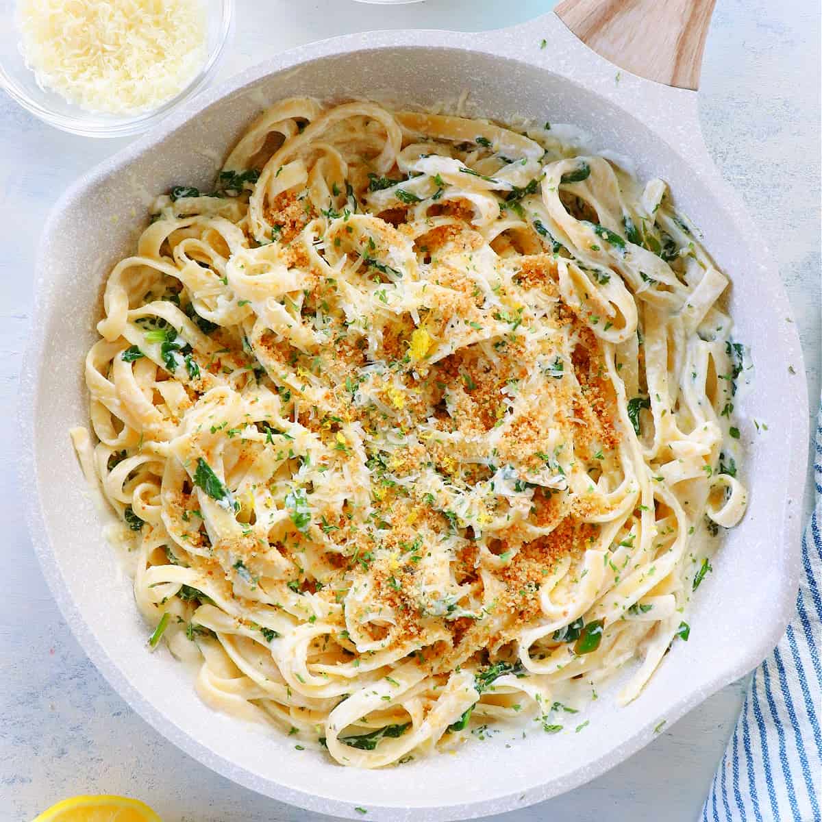 Pasta with ricotta in a skillet.