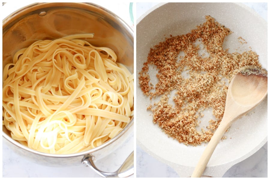 Cooked pasta in pot and breadcrumbs in pan.