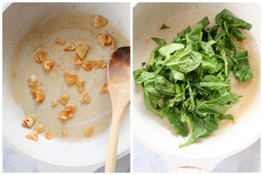 Saute garlic, then add spinach. Sauteed garlic in pan and spinach added.