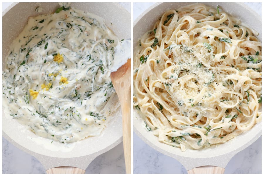 Add ricotta and pasta. Ricotta cheese with spinach and pasta in pan.