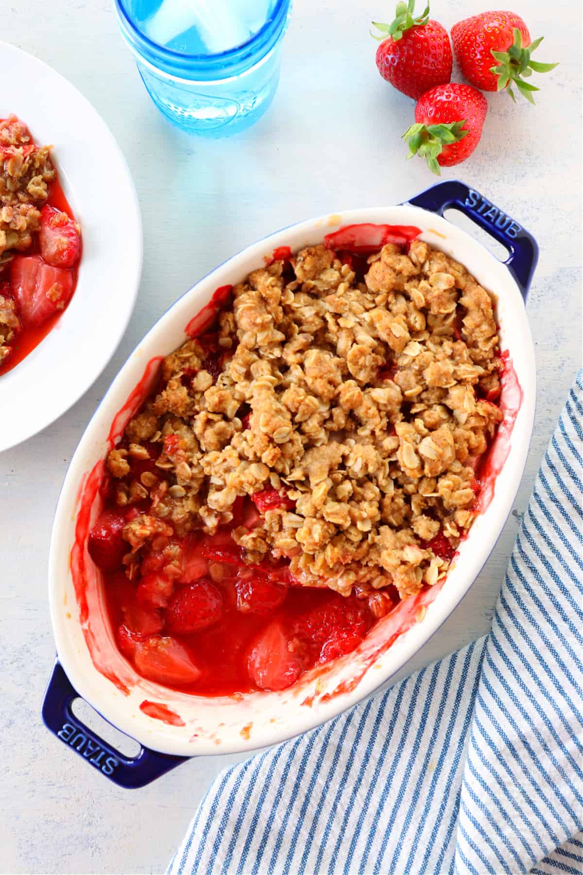 Strawberry Crumble recipe Strawberry crumble in oval baking dish.