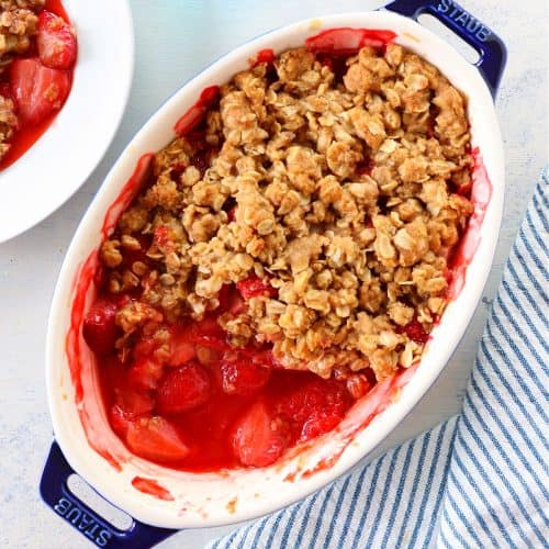 Strawberry Crumble in baking dish.