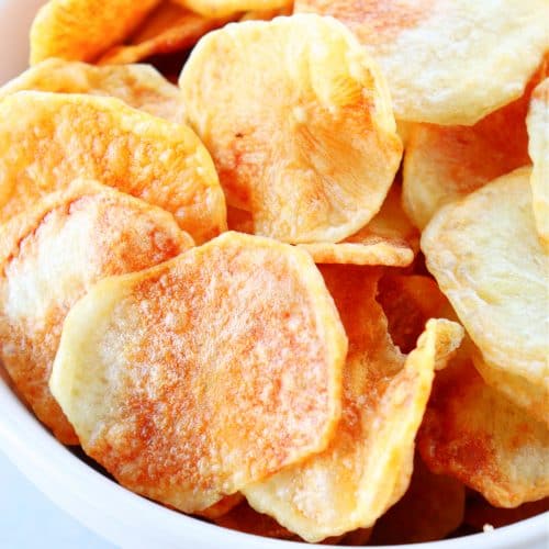 Close up shot of air fryer potato chips.