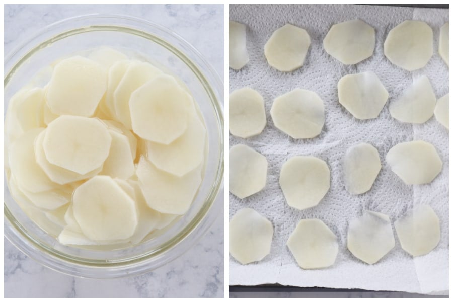 Potatoes in water and on paper towels.