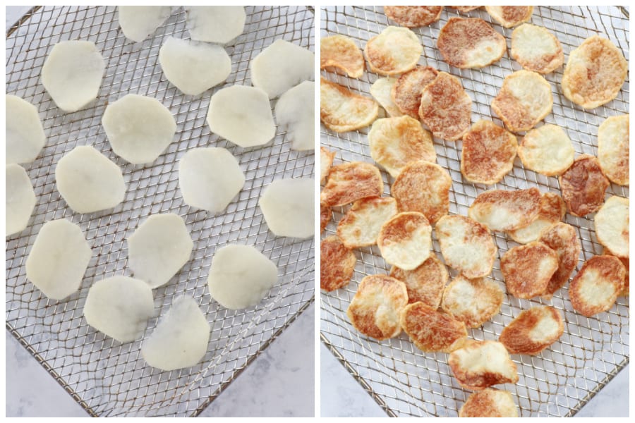 Potato slices on air fryer rack and baked.