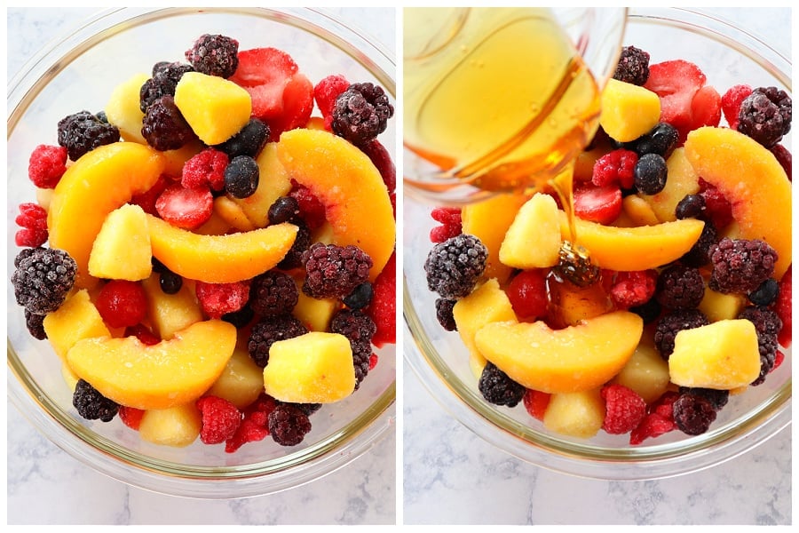 Making fruit salad in a bowl.