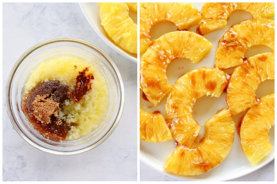 Butter mixture in a bowl and pineapple slices on a plate.