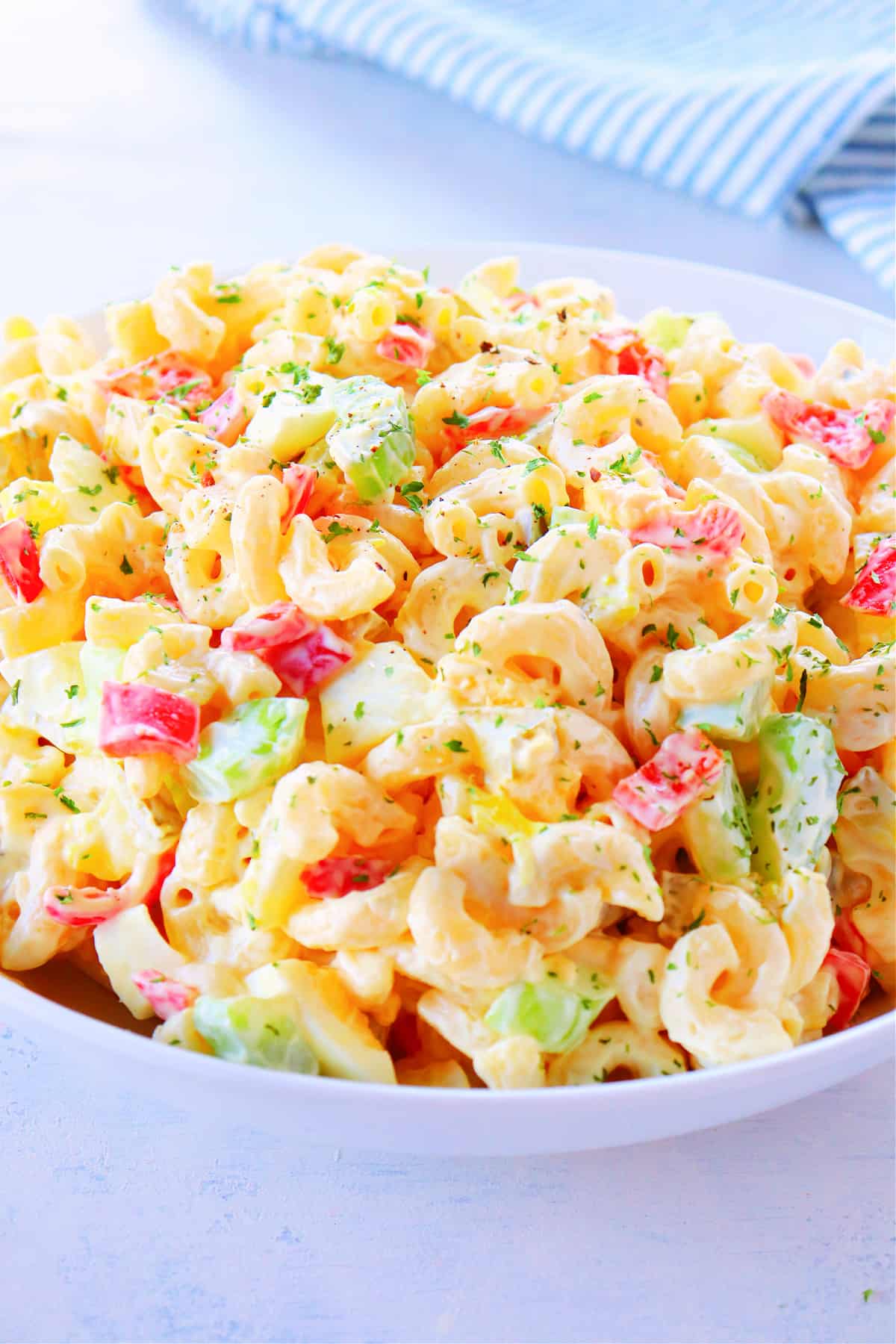 Macaroni Salad in a white bowl