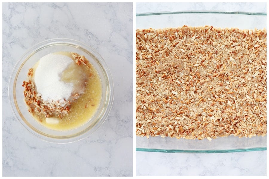 Making crust in baking dish.