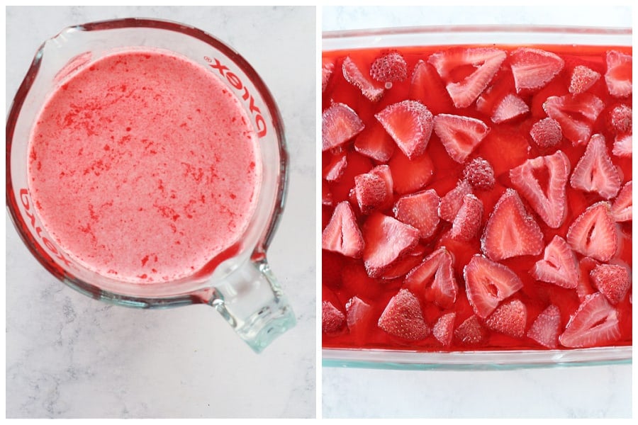 Making strawberry jello layer.