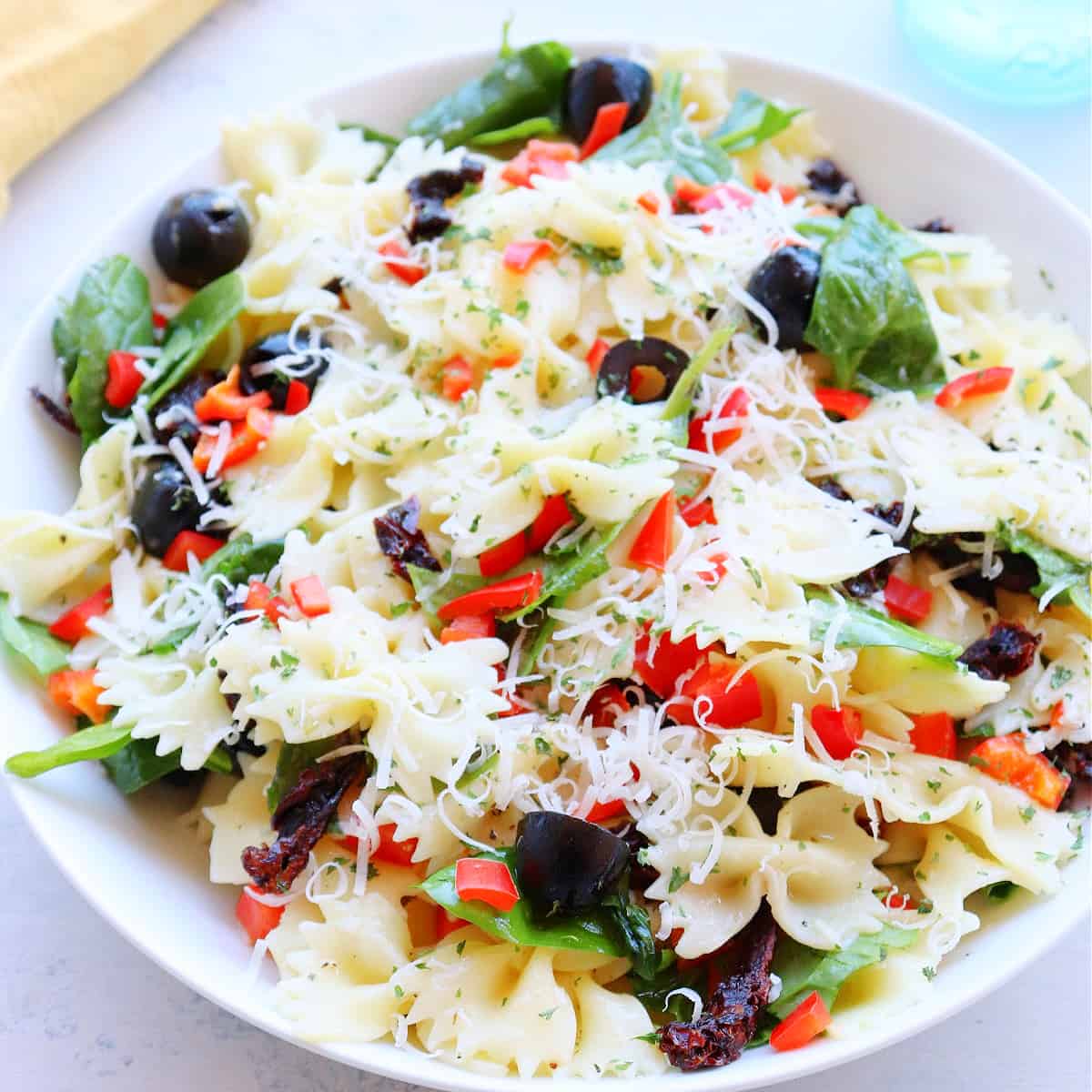 Tuscan pasta salad in a bowl.