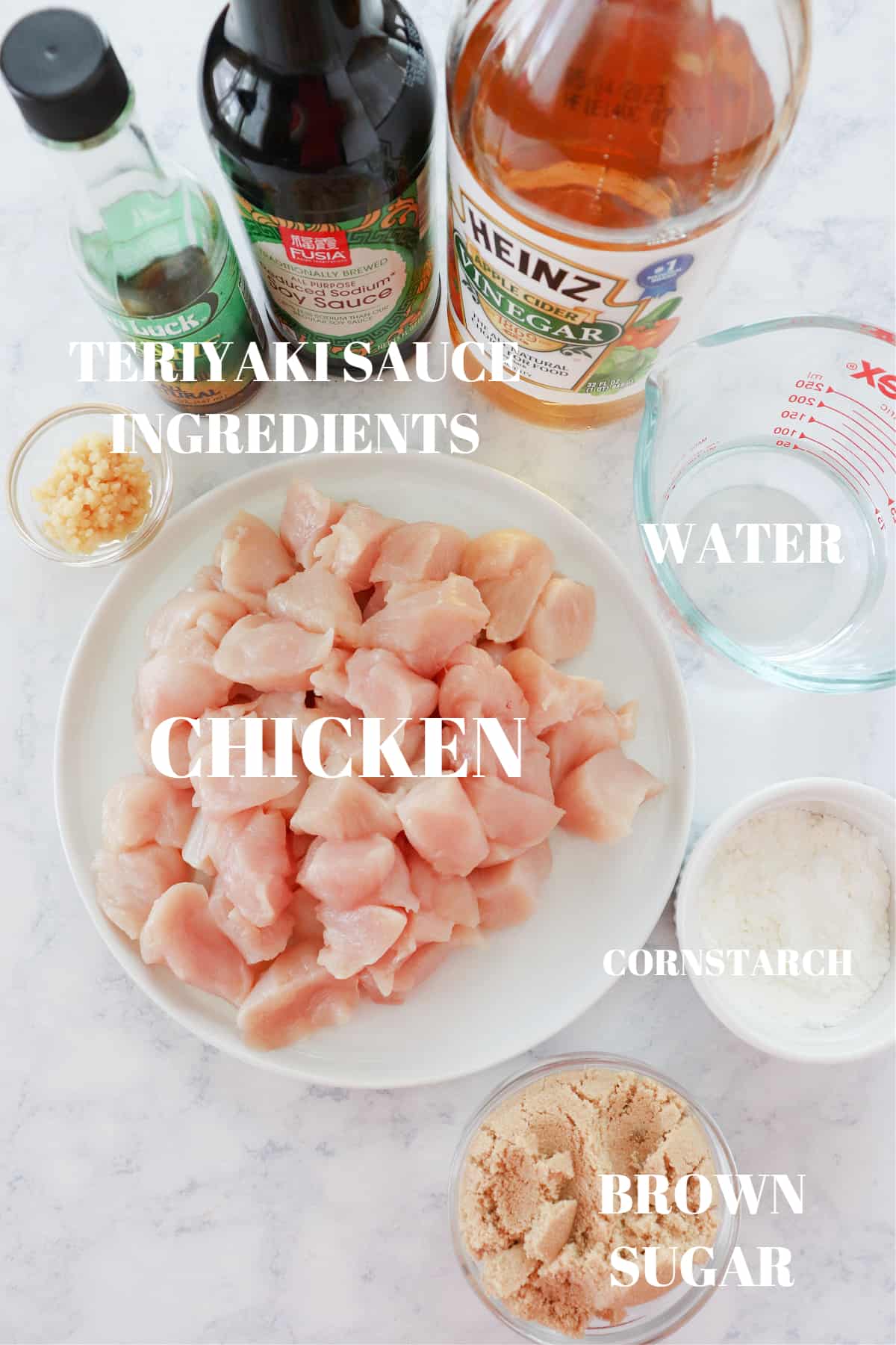 Ingredients for Instant Pot teriyaki chicken on a board.