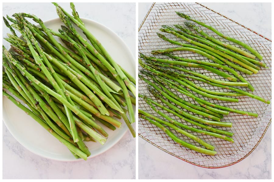 Asparagus on air fryer rack.