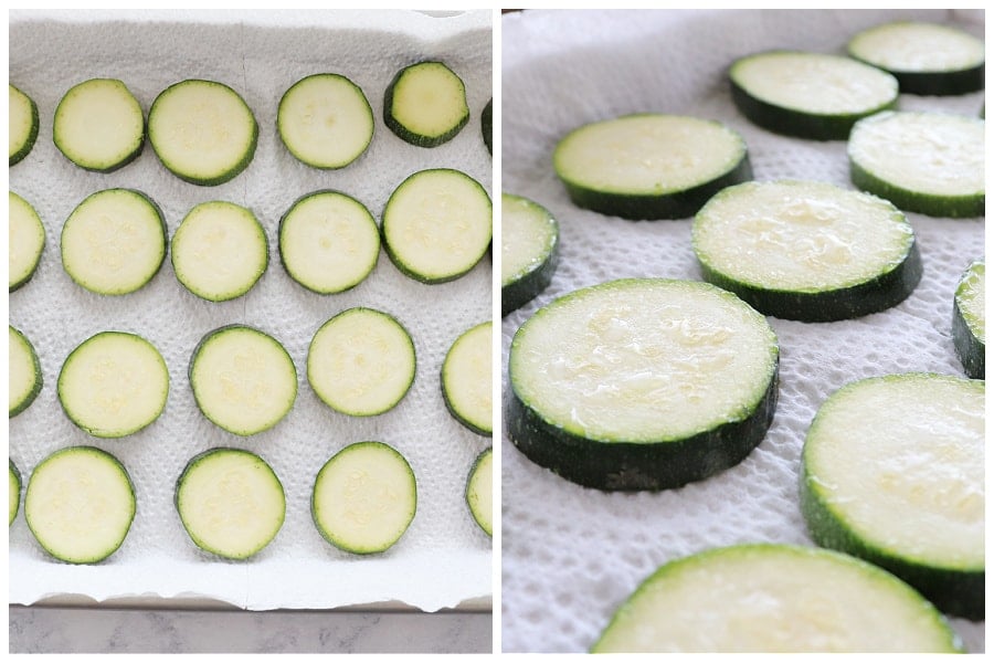 Sliced zucchini on paper towels.