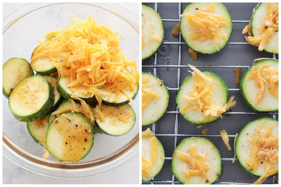 Zucchini with cheddar in a bowl and on a baking sheet.