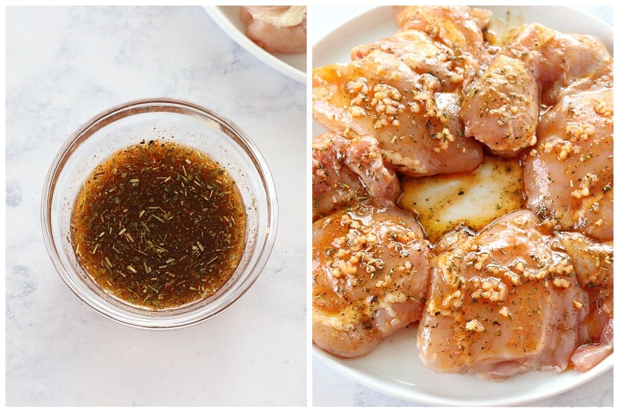 How to grill chicken thighs. Seasoning and chicken thighs on a board.