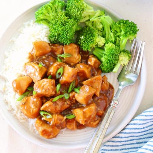 Instant Pot teriyaki chicken with rice on a plate.