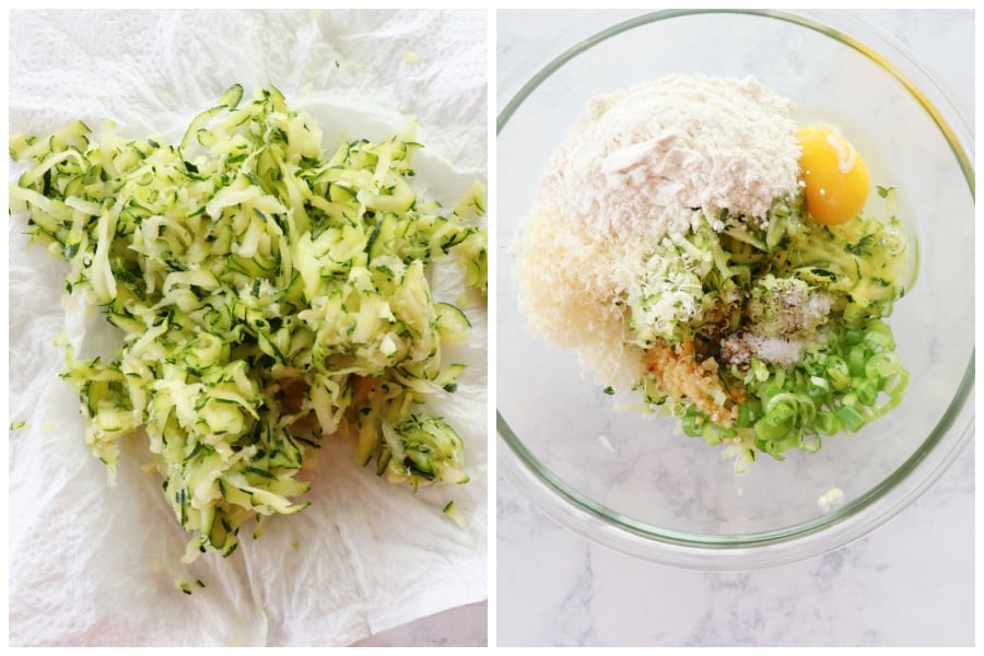 Shredded zucchini on paper towel and in a bowl.