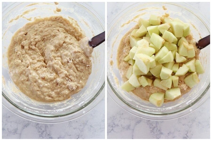 Ingredients mixed and apples added.