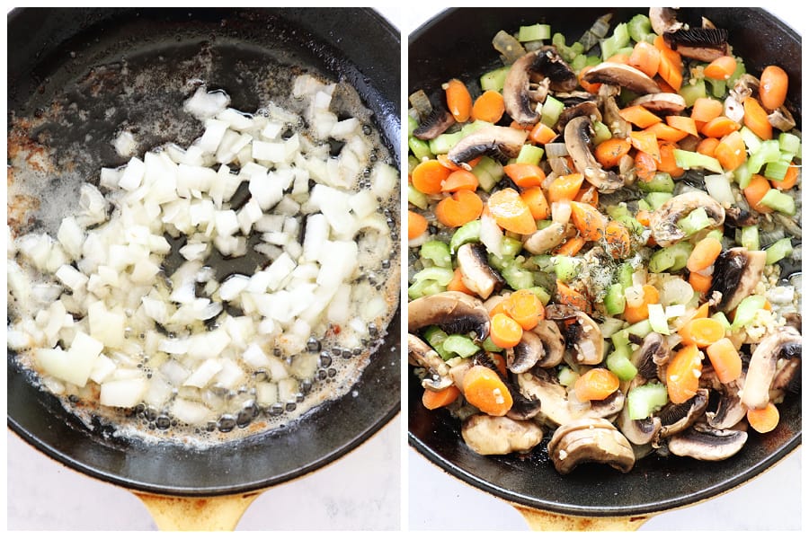 Diced veggies in skillet.