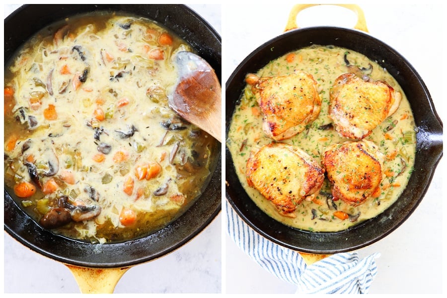 Cream and chicken added to skillet.