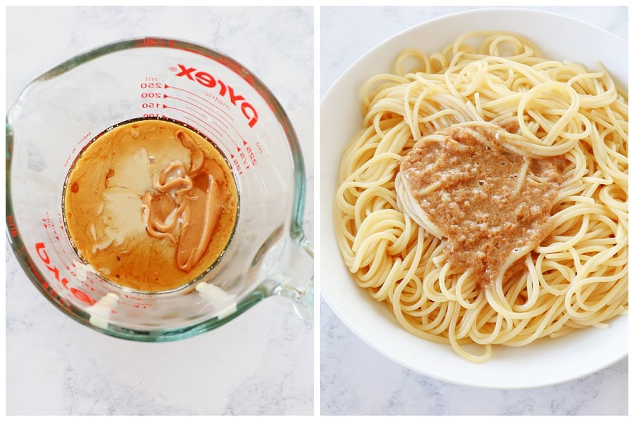 Sauce in a glass cup and noodles in a bowl.