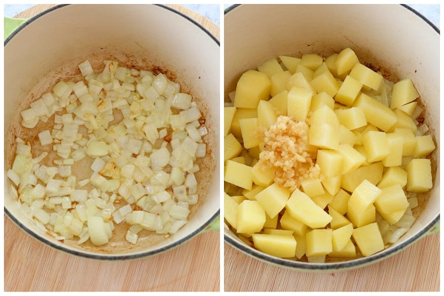 Onion and potatoes in a Dutch oven pot.