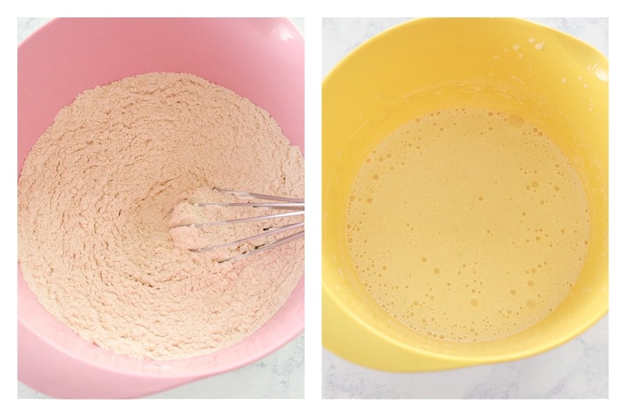 Dry and wet ingredients in mixing bowls.
