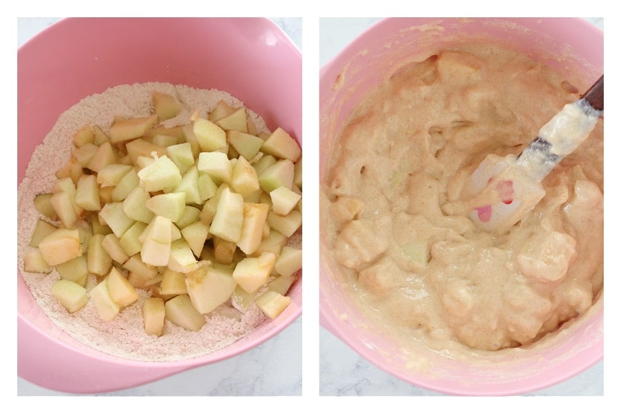 Apple chunks added to muffin batter.