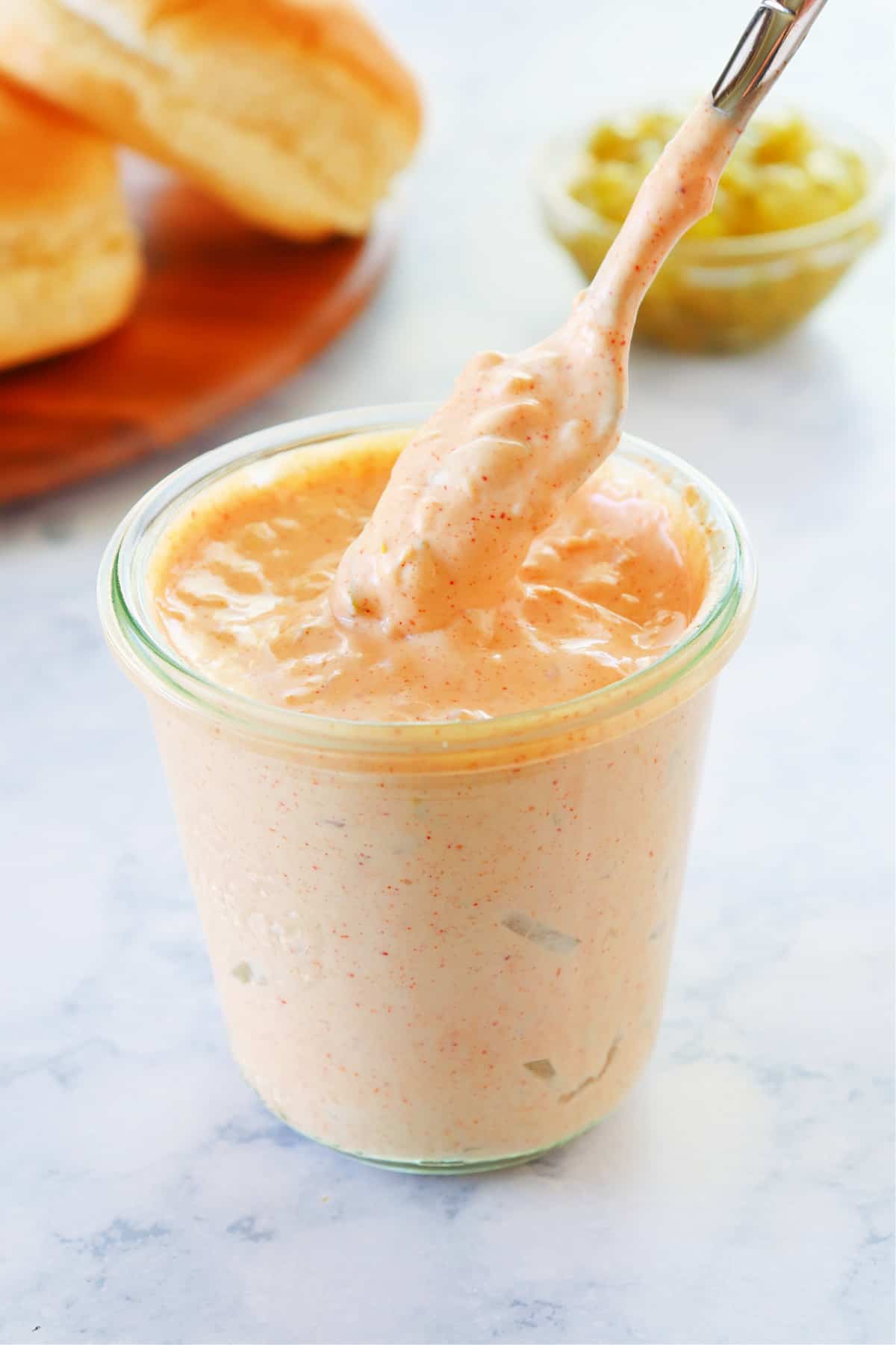 Big Mac Sauce copycat recipe Big mac sauce in a glass jar.