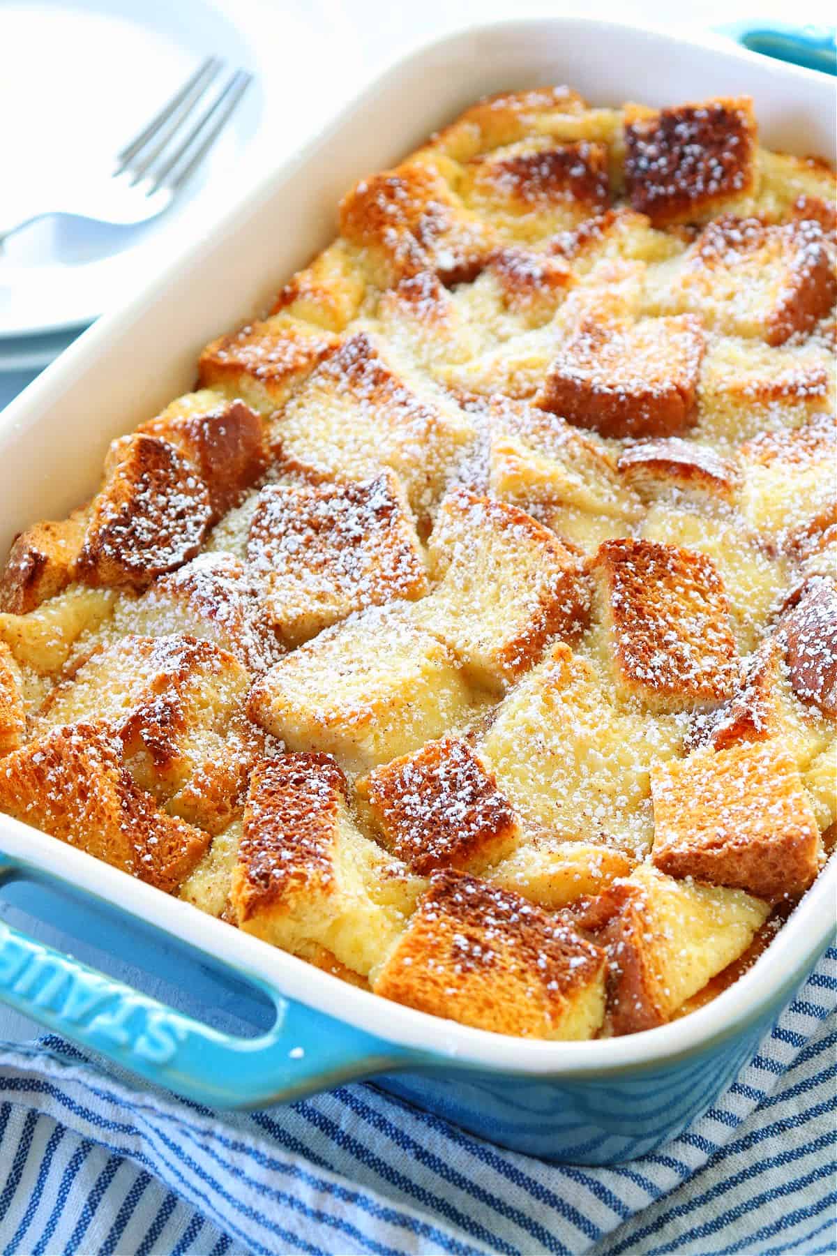 Bread pudding in casserole dish.