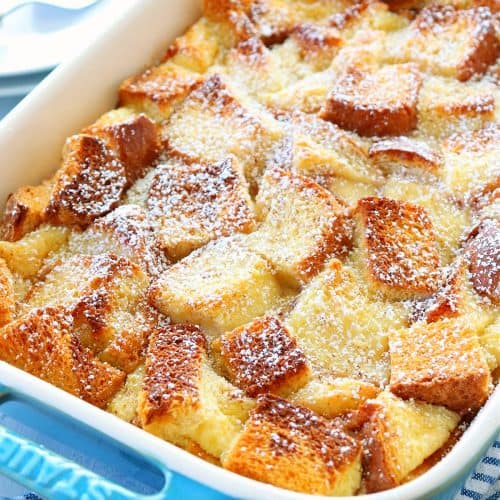 Bread pudding in a baking dish.