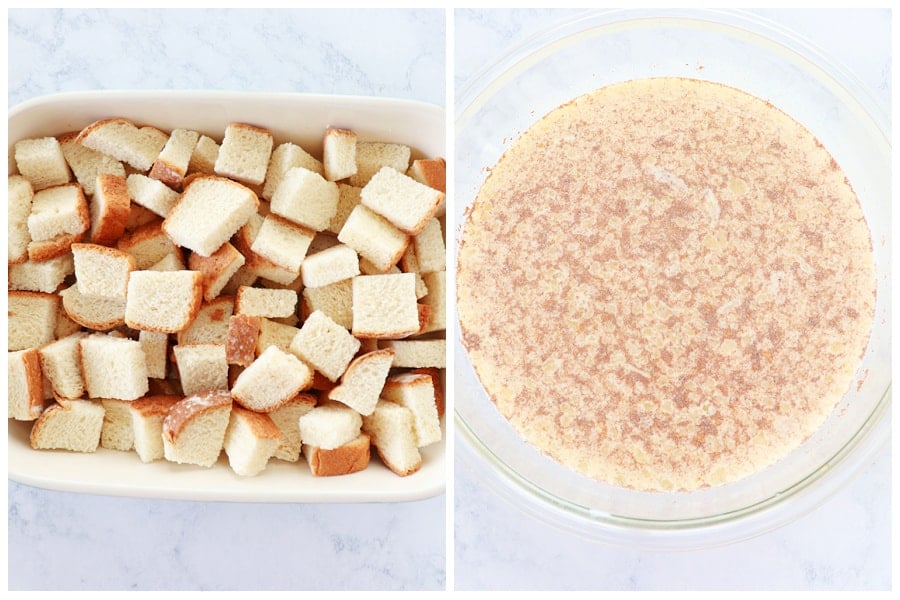 Cubed bread in dish and wet ingredients in a bowl.