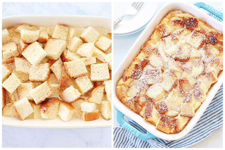 Bread pudding before and after baking.