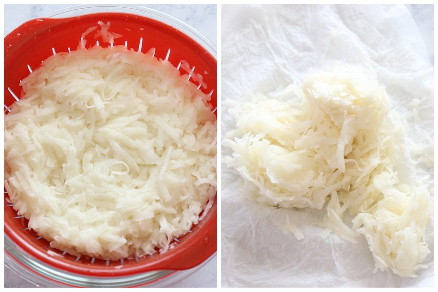 Shredded potatoes in a colander.