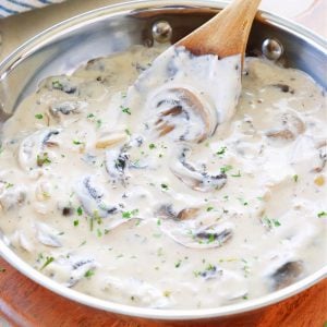 Mushroom sauce in a pan.