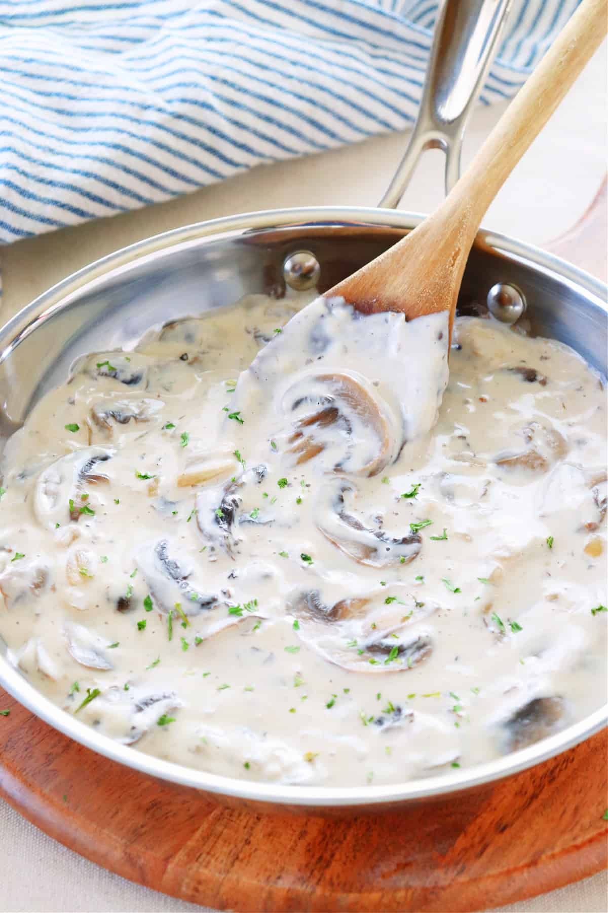 Mushroom sauce in a pan.