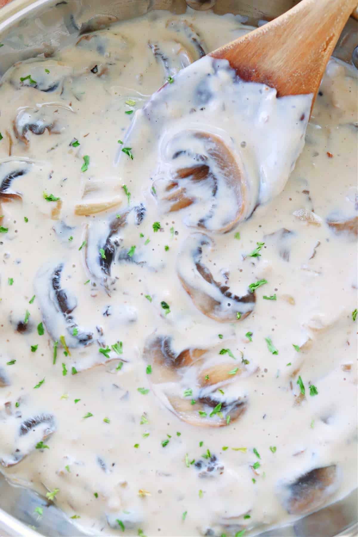 Creamy sauce with mushrooms in a pan.