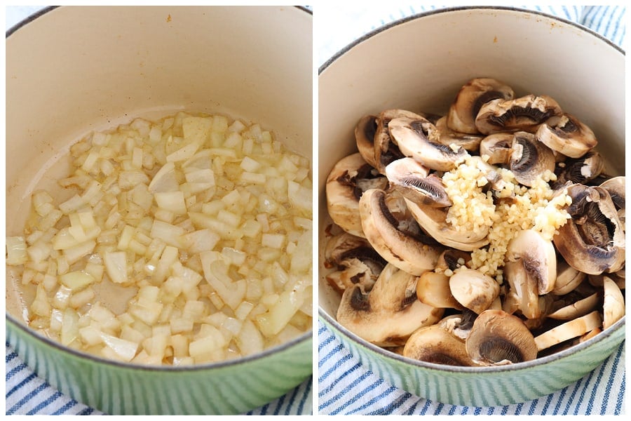 Onion sauteeing in a saucepan, with mushrooms.