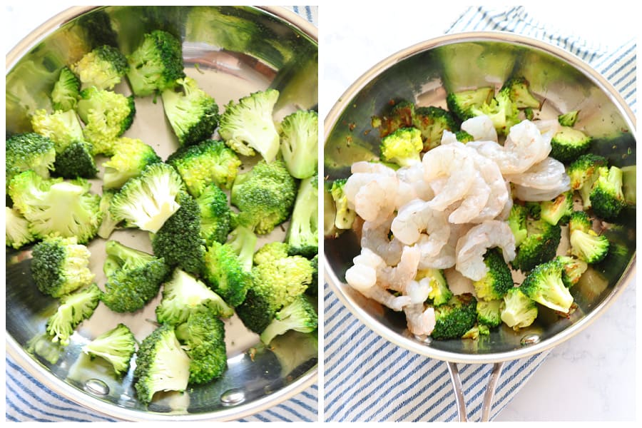 Broccoli in a pan and shrimp added.