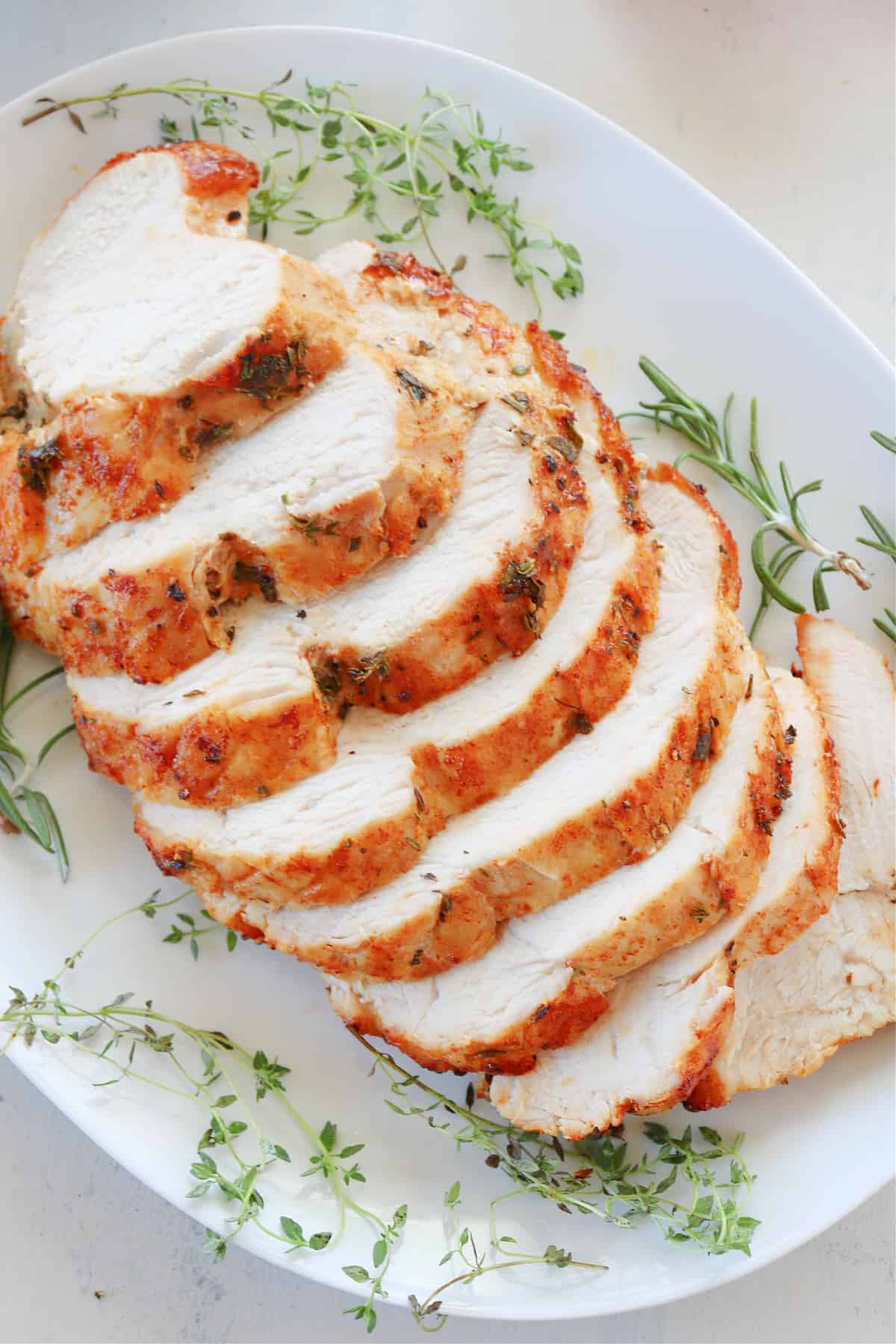 Sliced turkey breast on a plate.
