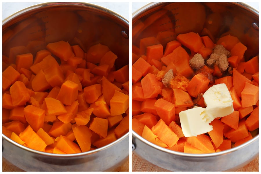 Sweet potatoes cut and in a pot.