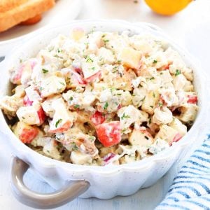 Leftover turkey salad in a bowl.