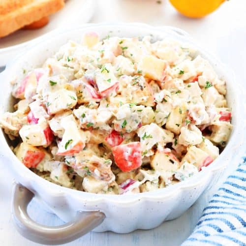 Leftover turkey salad in a bowl.