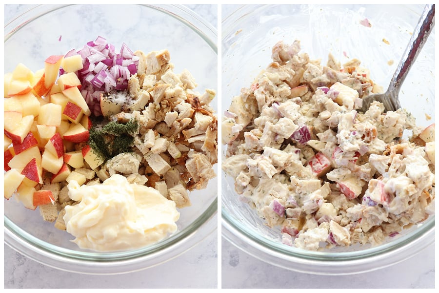 Ingredients for turkey salad in a mixing bowl.