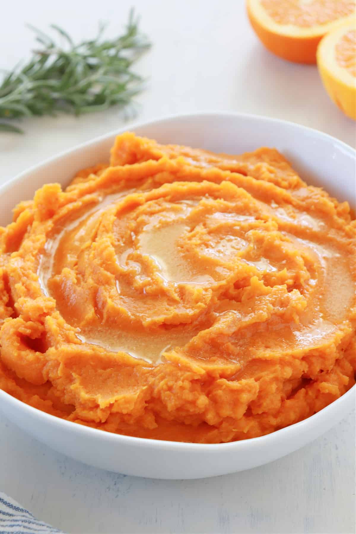 Close up shot of mashed sweet potatoes.