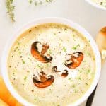 Close up of mushroom soup in a bowl.