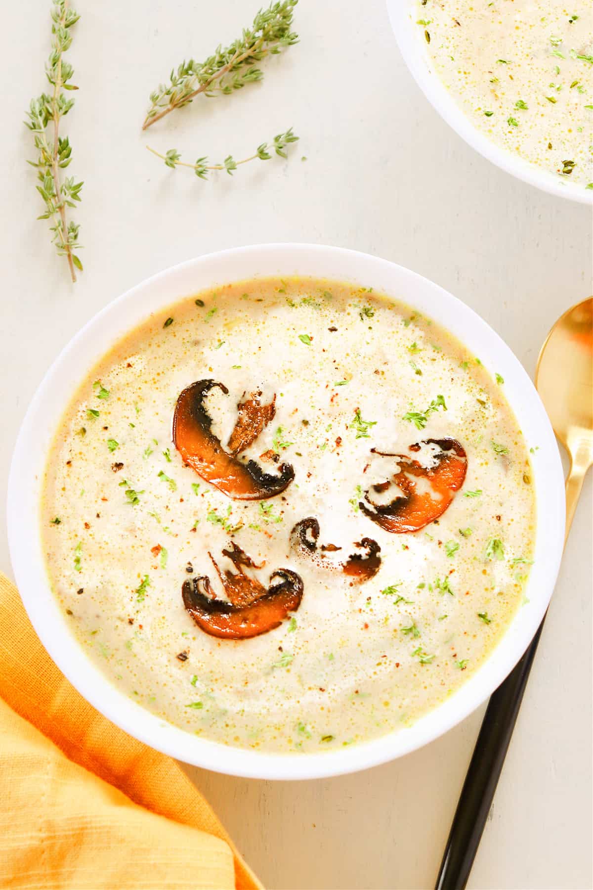 Close up of mushroom soup in a bowl.